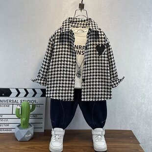 男童衬衫春秋款儿童千鸟格外套2026新款中大童秋装洋气衬衣童