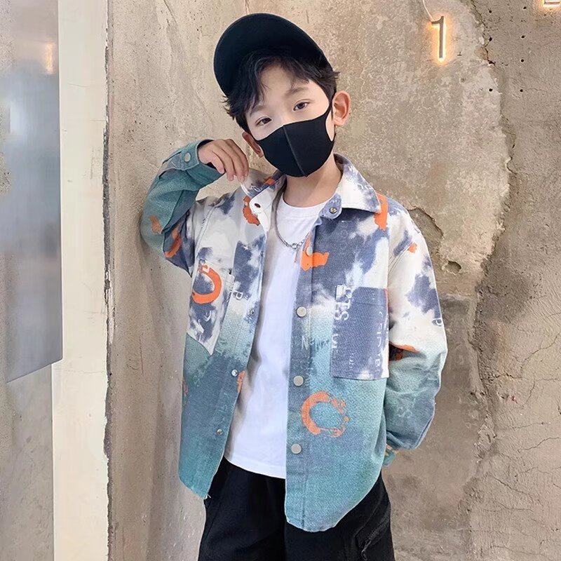 韩版痞帅男童衬衫外套2025新款扎染中大童洋气童装男孩春秋款衬衣图片