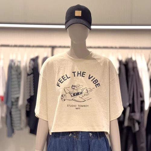 StudioTomboy色素印花短款T恤夏季薄款弹性宽松 燕麦/黄/浅灰均码