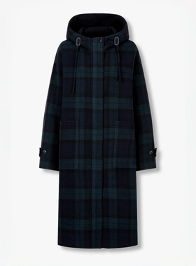 STUDIO TOMBOY 大格纹连帽长款大衣 女羊毛混纺宽松休闲通勤大衣