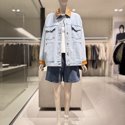 STUDIO TOMBOY春季薄款牛仔夹克女 皮革领口拼接宽松休闲短外套