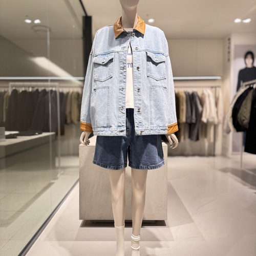 STUDIO TOMBOY春季薄款牛仔夹克女 皮革领口拼接宽松休闲短外套