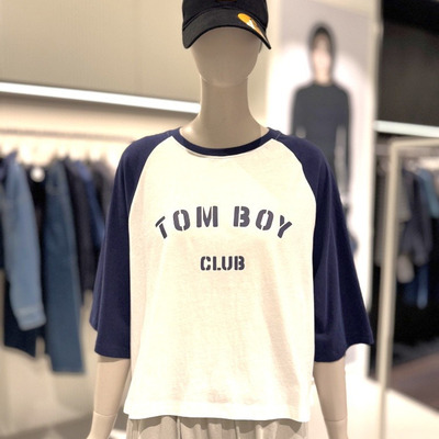 STUDIO TOMBOY插色拼接短袖T恤女纯棉宽松落肩袖上衣 米白色