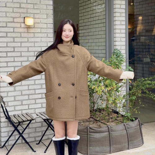 On&On 马海毛中长款大衣女驼色高领双排扣羊毛秋冬保暖显高外套