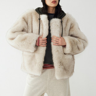 STUDIO TOMBOY 人造毛绒连帽夹克 女可拆卸休闲通勤保暖皮草外套