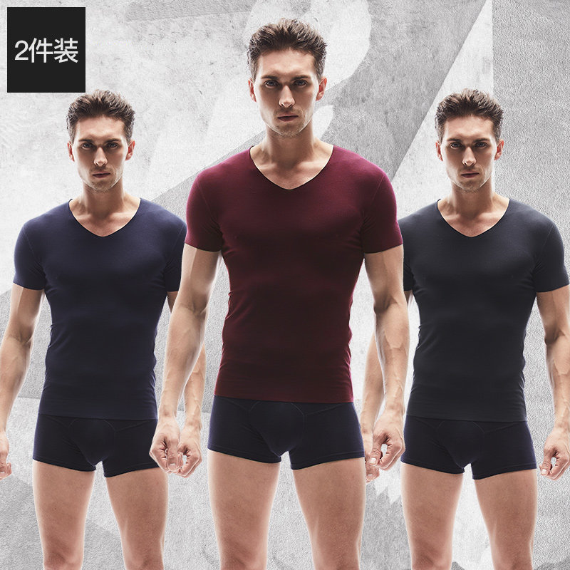 意芬男士短袖背心内衣莫代尔v领半袖打底衫无痕汗衫大码修身t恤男