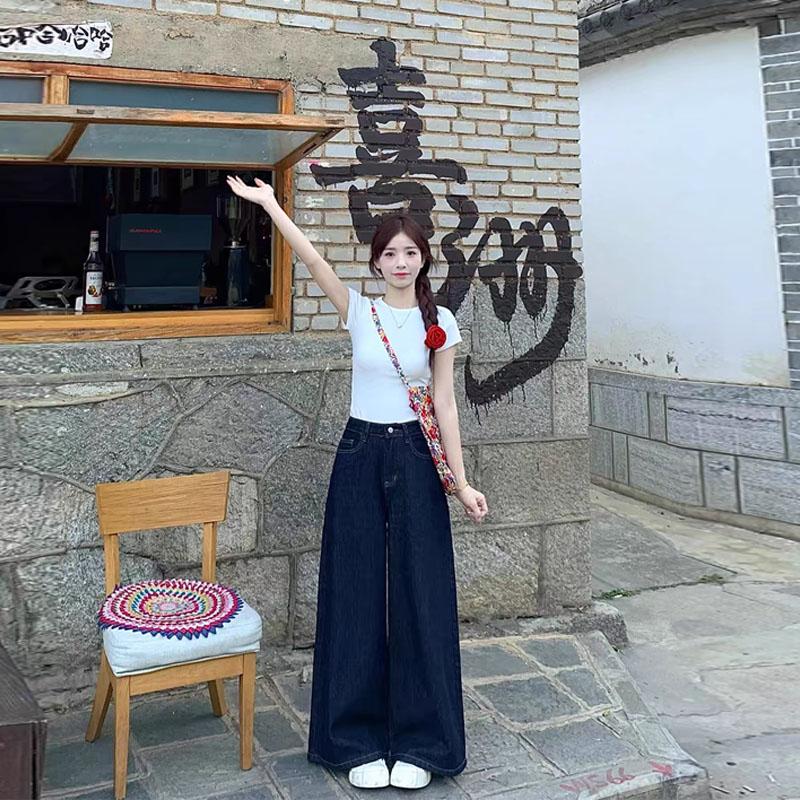 时尚套装女短款修身显瘦白色短袖T恤复古垂感牛仔阔腿长裤两件套