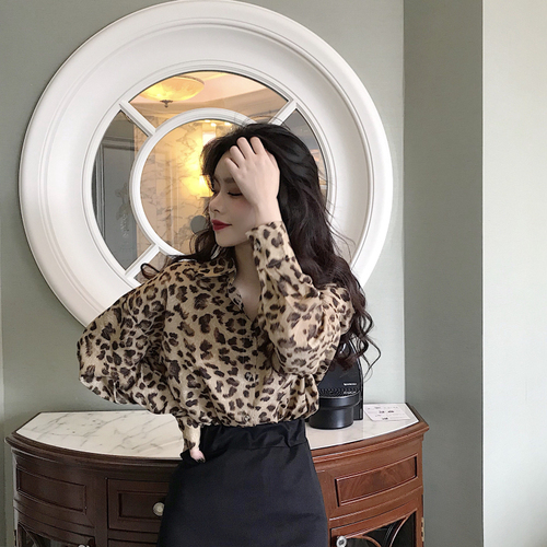 Actual Chic Early Autumn Leopard-print Shirt Female Long Sleeve Han Fan 2018 New Baitao V-collar Early Autumn Top