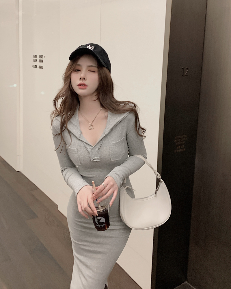 Real shooting real price 2021 new sexy slim mid length hip wrap dress women's split hooded skirt