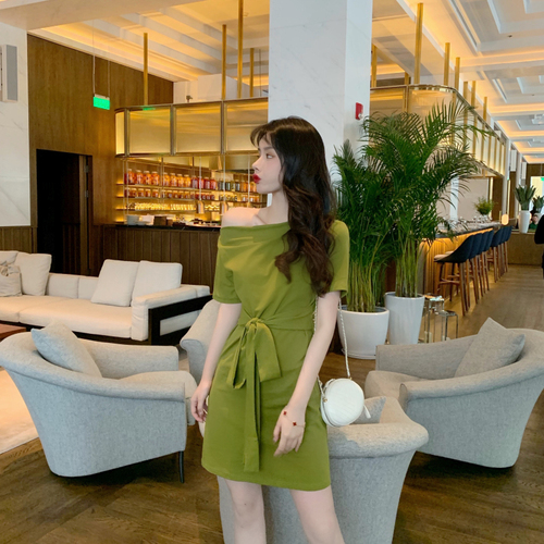 Real price waistband Avocado Green shoulder dress Korean version of summer dress 2019