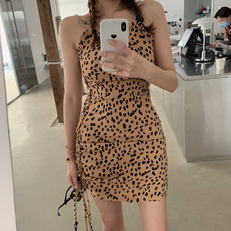Real price leopard point wooden ear chain sling waist side drawstring slim dress