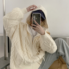 Real shot real price twist hooded zipper thick sweater ~ Korean lazy loose retro college style knitted jacket
