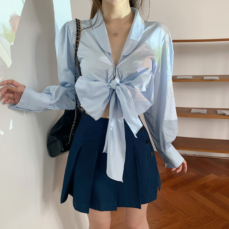 Real price bowknot autumn slim body covering long sleeve shirt + simple slim skirt