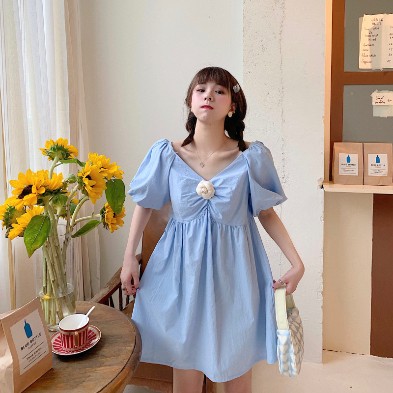 Real price French bubble sleeve Pleated Dress V-neck sweet Lantern Sleeve small waist skirt