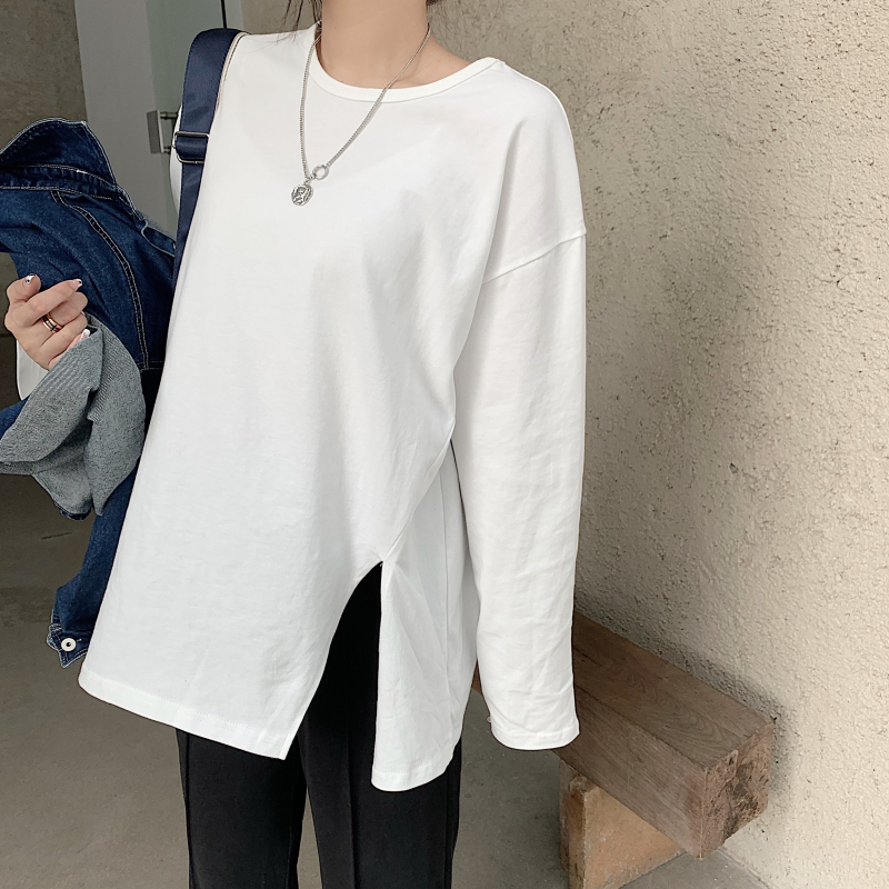 Real shot real price loose BF Slouchy style split top ins women's fashion design long sleeve T-shirt