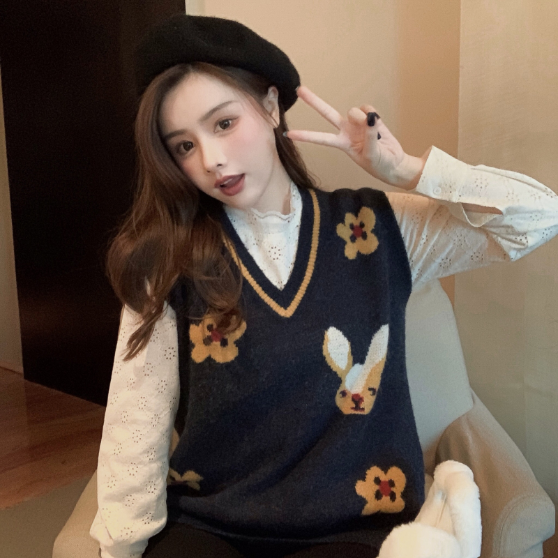 Real shot real price design sense minority standing collar lace shirt + sleeveless sweater cute cartoon knitted vest vest vest vest