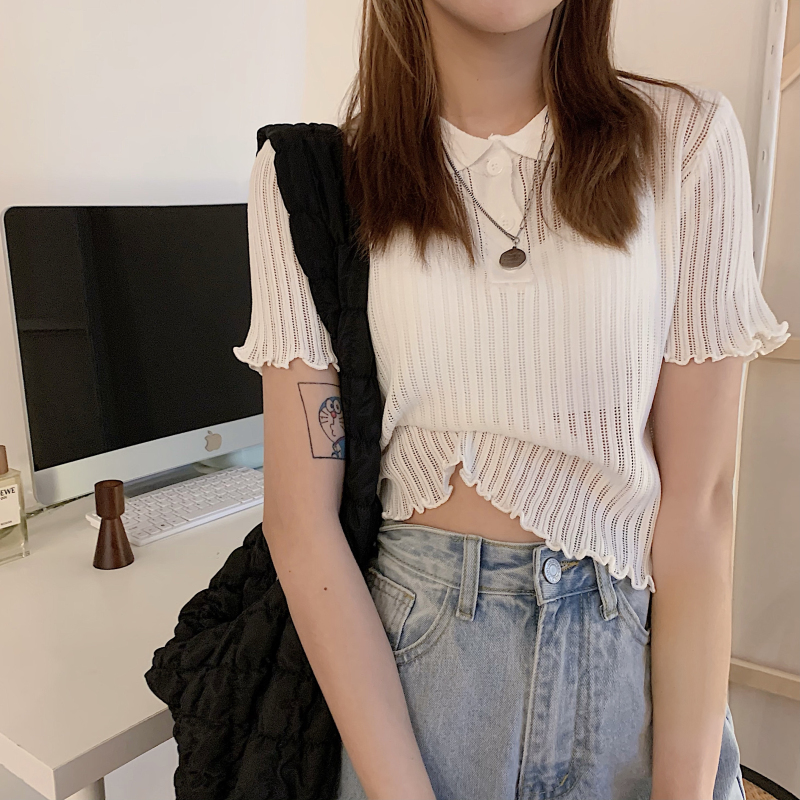 Real price spring and summer retro sweet cute high waist short ear side Lapel buckle short sleeve Knitted Top