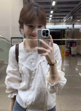 法式花边领长袖衬衫女春秋季2026新款款韩版宽松白色衬衣棉麻上衣