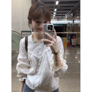 法式花边领长袖衬衫女春秋季2026新款款韩版宽松白色衬衣棉麻上衣