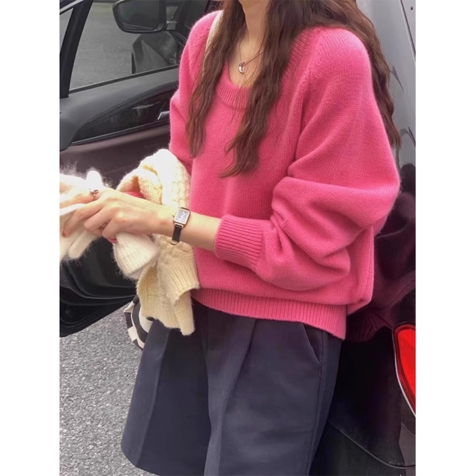 法式温柔玫红色低圆领长袖套头毛衣女秋冬季慵懒风简约打底针织衫