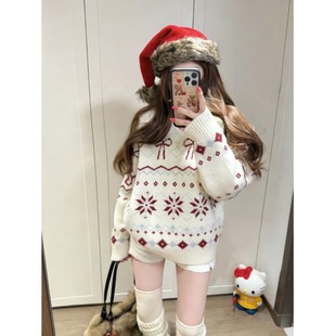 杏色费尔岛套头毛衣女冬季 上衣 圣诞氛围感穿搭加厚保暖毛线衣长袖