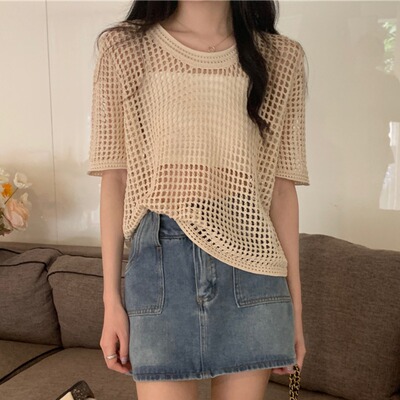 外搭罩衫夏季薄款镂空短袖t恤女设计感网织针织防晒短款百搭上衣