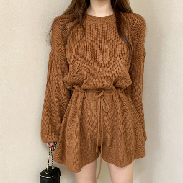 韩国chic春秋小众设计感复古抽绳系带收腰长袖针织阔腿连体裤女,女装/女士精品,毛针织衫,淘宝优惠券,粉丝福利购,淘宝优惠卷