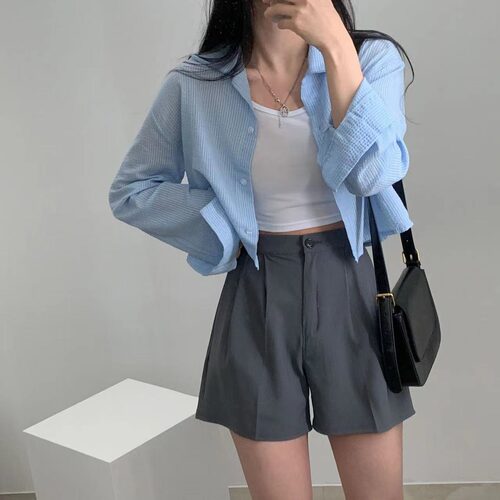 防晒衣女夏季薄款蓝色条纹衬衫外套小个子高级感短款吊带外搭开衫