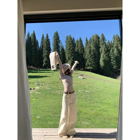 雪线*牛仔裤黑豆拖地女米杏色送腰带长裤秋显瘦微阔信标哼哼百搭