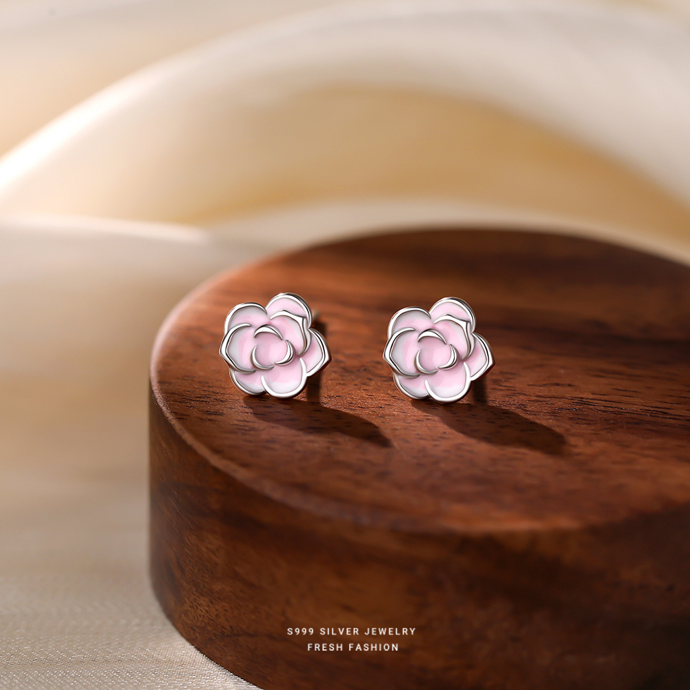 S999纯银粉色滴油山茶花耳钉女国风简约小清新气质森系花朵耳骨钉