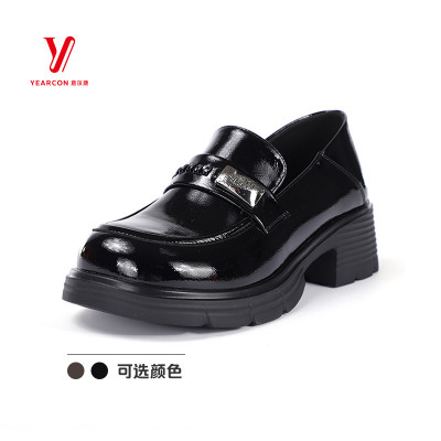 意尔康女鞋2026春季新款英伦风亮面粗跟一脚蹬乐福鞋6162AB14953U
