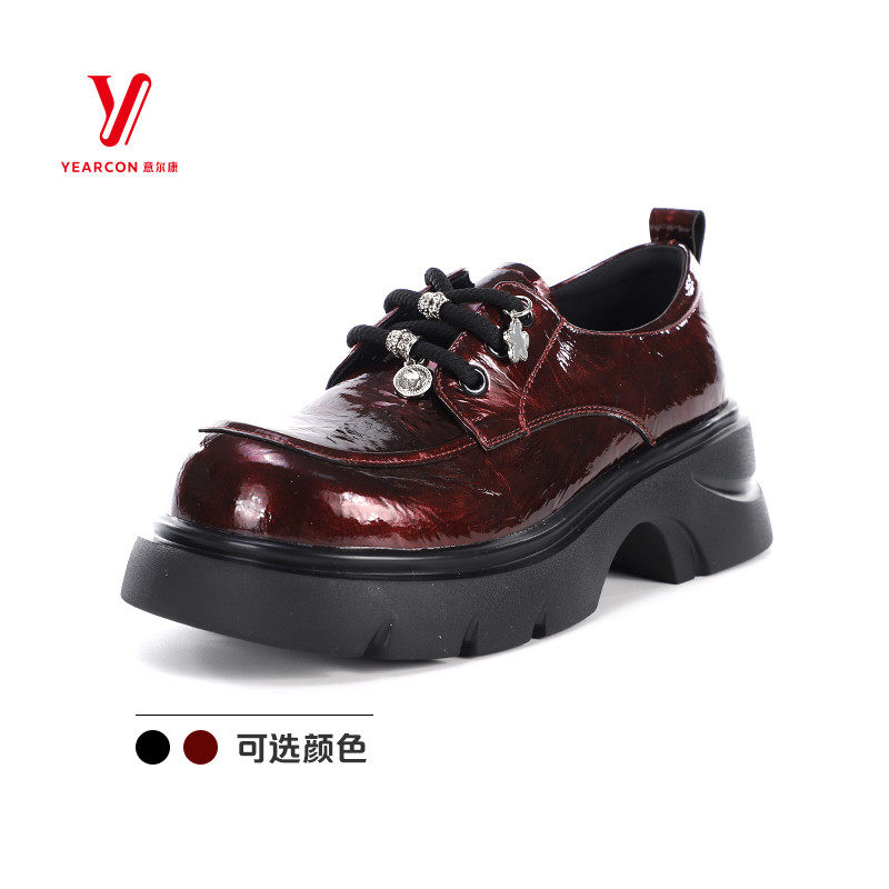 意尔康女鞋2026春季新款英伦亮面厚底粗跟增高乐福鞋6162AD15023U