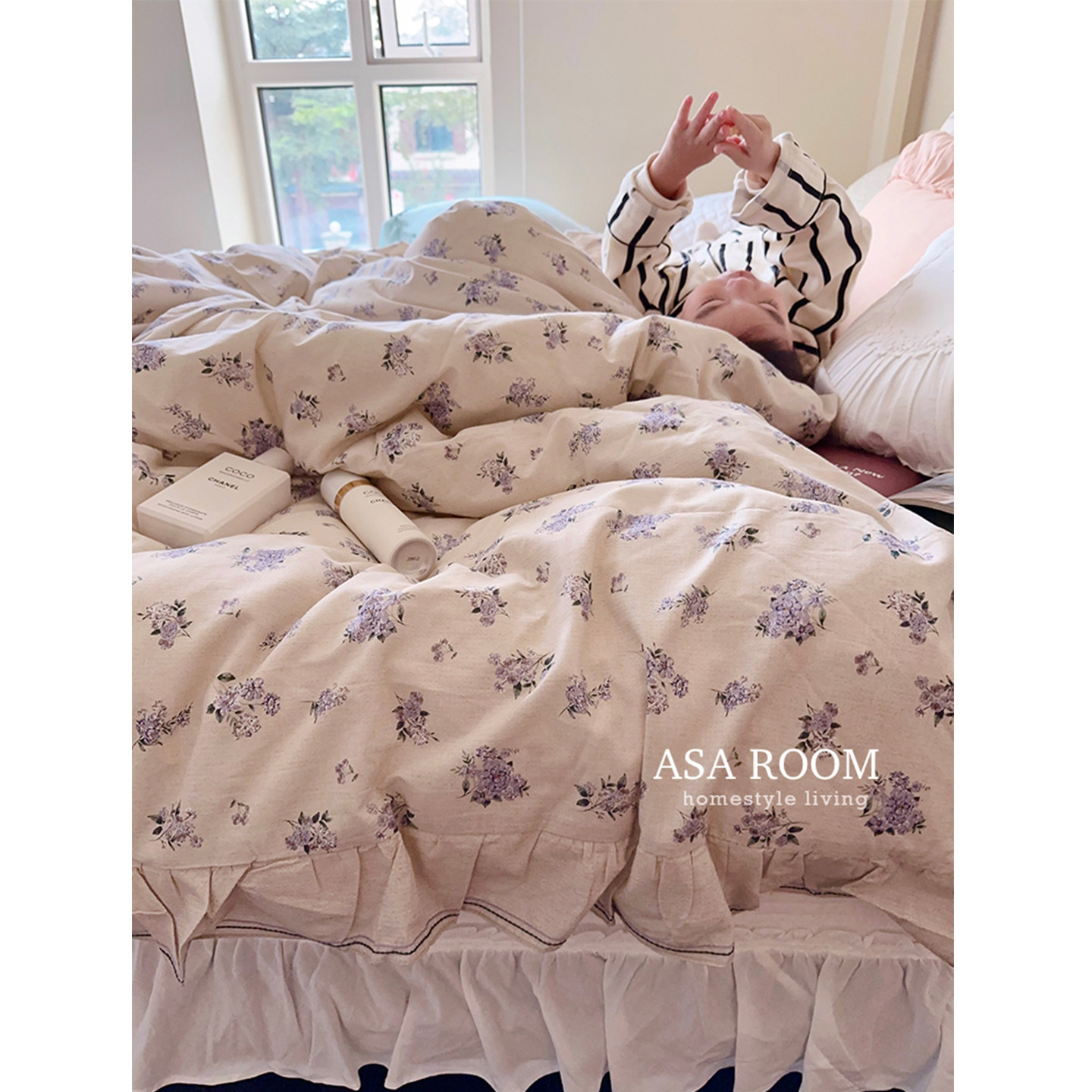 现货▲ASAROOM 韩国正品天然广木棉被套荷叶边碎花纯棉被罩