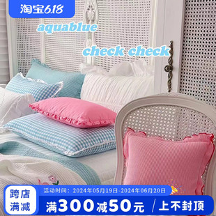 韩国纯棉枕头套 格子控bi收款 ASAROOM 蓝色格纹枕套 抱枕套