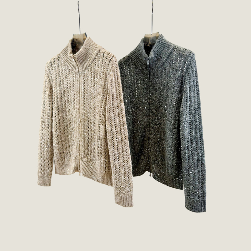 轻奢感B~C秋冬立领镂空亮片粗针羊绒羊毛衫女宽松显瘦开衫毛衣女