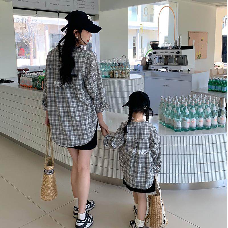亲子装2025春夏款新款美式中长款格子撞色衬衫母女装高级吊带裙