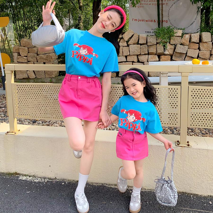 亲子装夏日穿搭夏季韩版卡通女孩T恤母女装玫红短裙套装时尚