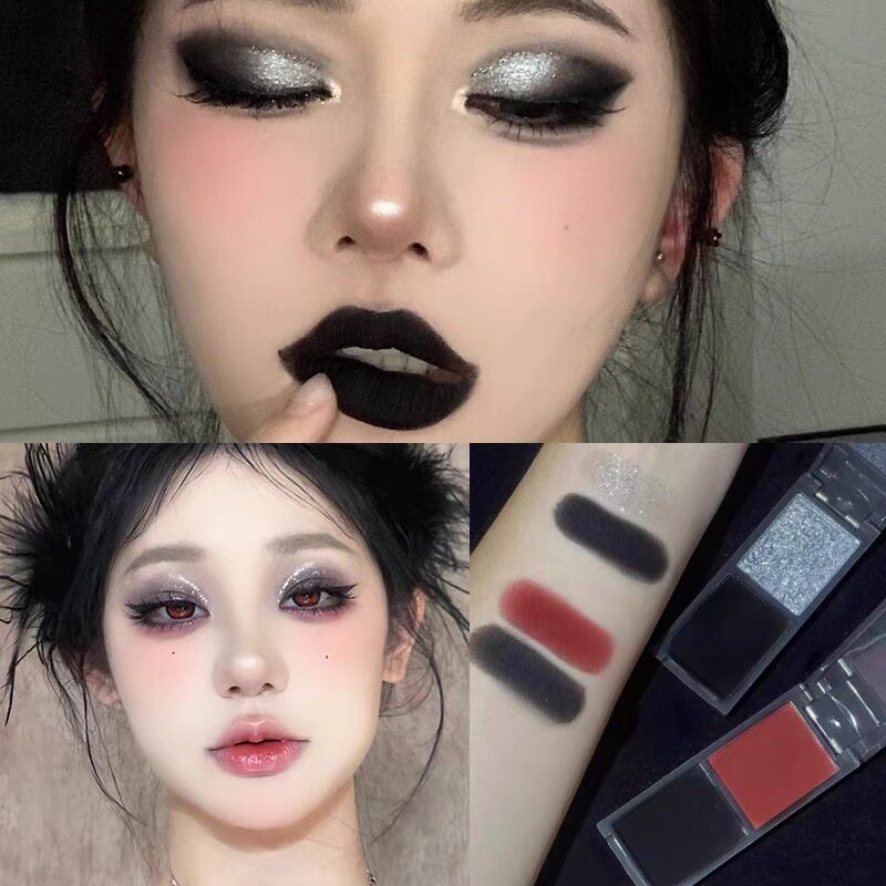biya双色眼影盘黑色红色哥特风暗黑系cos眼妆哑光玩妆彩色珠光闪
