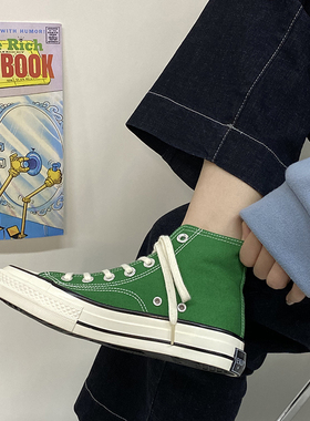 EVENSTAR帆布鞋女夏季薄款2024新款草绿色高帮爆款小白鞋女男板鞋