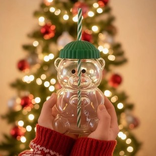 Cup泰迪熊杯玻璃吸管杯果汁饮料杯圣诞绿色 Straw Bearista Glass