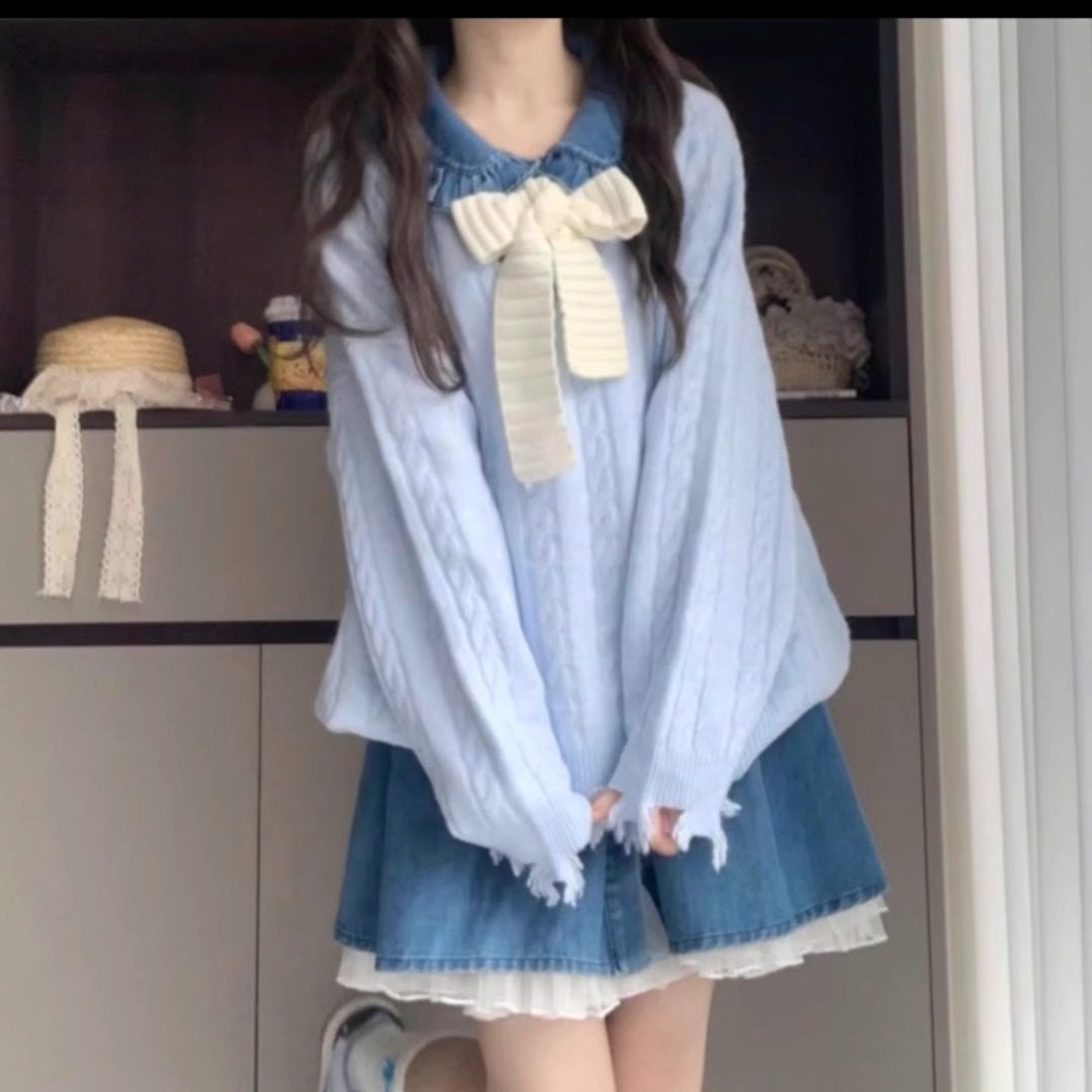 两件/套装韩版学院风大蝴蝶结水洗牛仔短裙叠穿蓝色超仙流苏毛衣