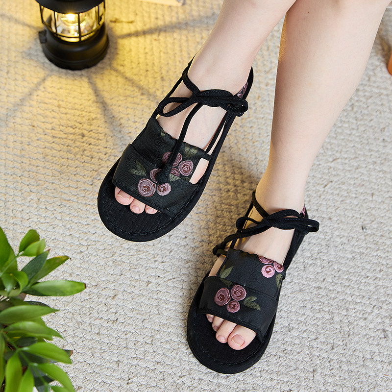 夏季透气绑带平底罗马凉鞋女波西米亚风千层底手工布鞋露趾布凉拖