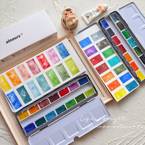 Sinours古典复古艺术家级有机矿物色釉彩水彩颜料固体套装铁盒装