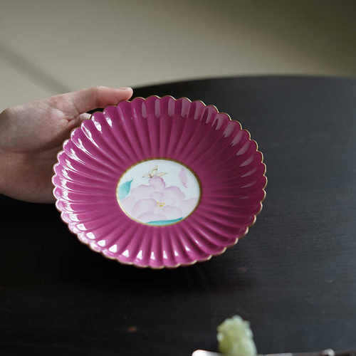 心歌景德镇陶瓷菊瓣盘胭脂水釉内绘芍药壶承茶托茶道配件