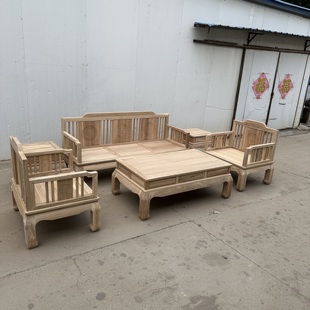 新中式老榆木实木沙发组合客厅沙发白茬白胚家具组合原木色禅意