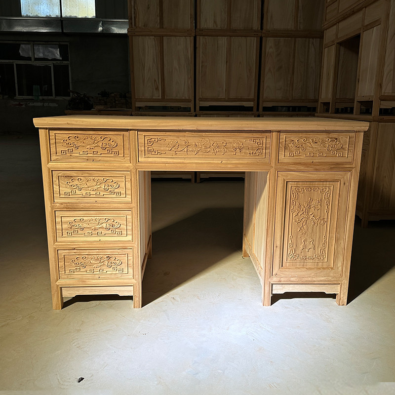实木榆木储物中式雕花办公桌