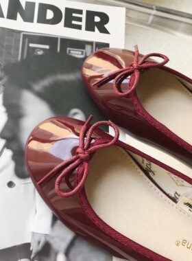 秋季新款marcha小香风酒红镜面芭蕾舞蝴蝶结平底柔软单鞋圆头浅口