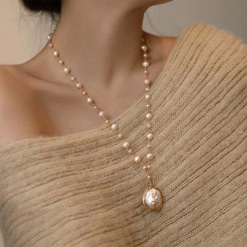 天然巴洛克珍珠项链女 手工编织长款毛衣链 轻奢爆款小众长款配饰