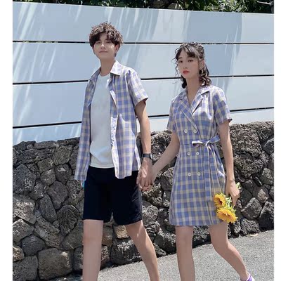 6884女裙P65 男衣P40  男裤P30  韩版男女西装格纹连衣裙情侣装