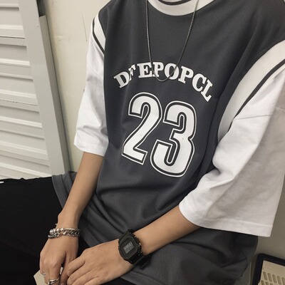 4355-P32 韩国INS原宿假两件bf宽松篮球服运动休闲短袖T恤男女潮